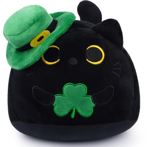 KOPHINYE Black Cat Plush Pillow, 8inch St. Patricks Cat Stuffed Animal Cute Kitten Plushie, St. Patrick's Day Stuffed Animal for Kids, Party Favor Gifts