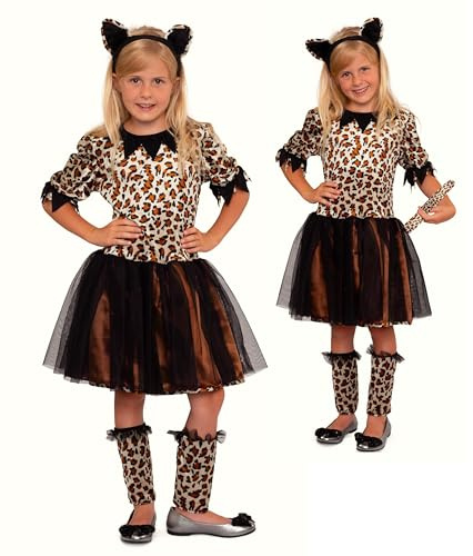 Magicoo Leopard Kostüm Kinder Mädchen inkl. Kleid, Haarreifen & Beinstulpen - Leoparden Gepard Kostüm Kind Fasching (M Medium (122/128))