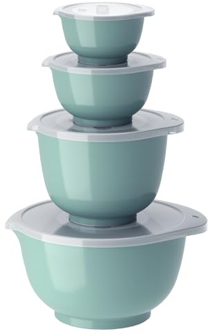 Rosti Margrethe Schüssel Set, Rührschüssel Set, 8-Teilig mit 4 Rührschüsseln und 4 Deckel, Teigschüssel aus Recycelbarem Kunststoff, 0,25 Liter, 0,5 Liter, 1,5 Liter und 3 Liter, Nordic Green (Grün)