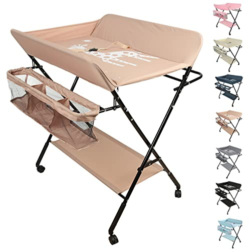Supfine Wickeltisch Klappbar für Neugeborene mit Aufbewahrungskorb und Sicherheitsgurt - Faltbarer und tragbarer Wickeltisch auf Rollen, Ergonomisch - Höhenverstellbar in 3 Positionen (Beige)