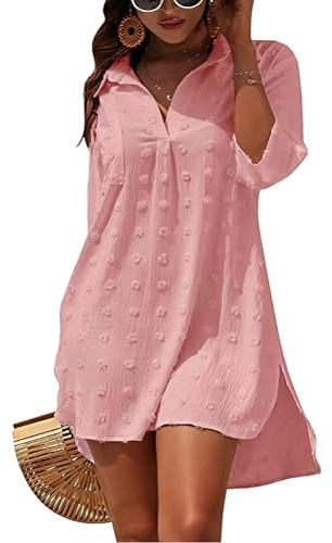 Figarge Strandkleid Damen Bikini Cover Up V-Ausschnitt Baumwolle Strandtunika Sommer Pareos Button Down Strandponcho Badeanzug Strand (DE/NL/SE/PL, Alphanumerisch, XL, Regular, Regular, Rosa)