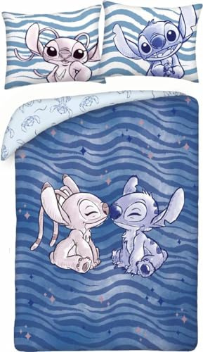 Set Letto STITCH bacia ANGEL - da Disney Lilo e Stitch - Copripiumino Reversibile 140x200cm e Federa 70x90cm - Multicolore - 100% Cotone