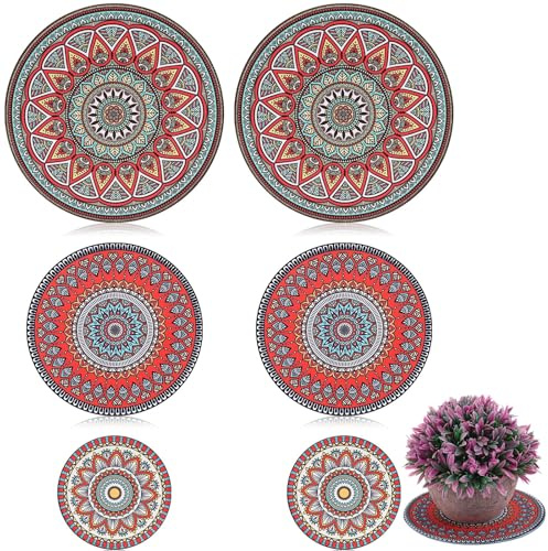 Nuanchu 6 Pcs Boho Plant Pot Mat 3 Sizes Absorbent Non Slip Round Coaster Gardening Indoor Outdoor Flower Plant Protect Mat for Table Desk Floor