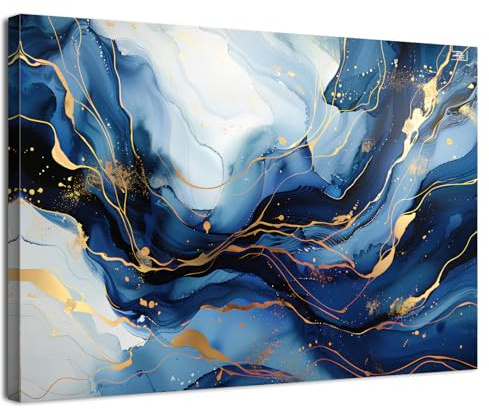 Abstract Navy Blue Wall Art for Living Room Blue and Gold Wall Art Prints Marble Wall Decor Modern Abstract White Fluid Canvas Pictures Neutral Artwork for Bedroom Office Home Home Decoration 30x40cm