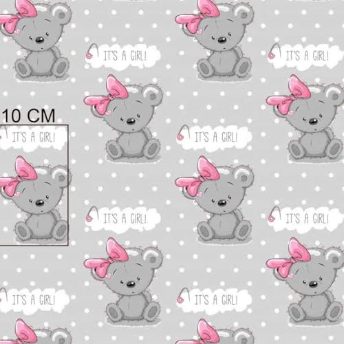 Fabreco Flanell Kinderstoff Meterware – 1M x 160cm - Karo, Baumwollstoff, 1lfm, Stoffbreite 160cm - grauer Teddybär mit rosa Schleife