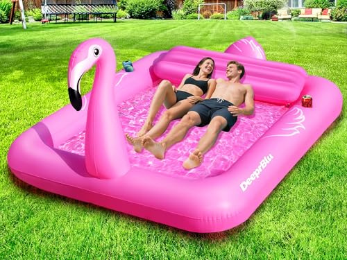 DeeprBlu Luxury Flamingo Inflatable Tanning Pool for 2 Person, 81x60 inch Sunbathing Pool Lounger Float, Pink Blow Up Tanning Pool Suntan Tub, Tanning Water Bed with Cup Holder, Lounge Float for Adult
