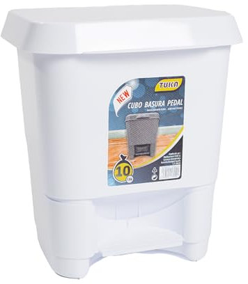 TUKA - Cubo de basura plástico, Cubo basura con pedal, Papelera, Plástico resistente, Libre de BPA (Blanco, 10 Litros)