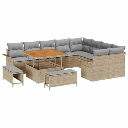 vidaXL Trädgårdsoffset med kudde 12 pcs Beige konstrotting, Trädgård och terrass, modern, modulär möbelset, utomhus rattan-soffa, lätt, UV-beständig, bekväm, stilren