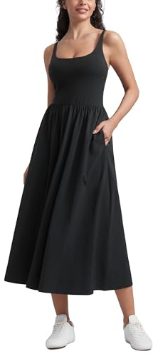 CRZ YOGA Square Neck Maxi Dress for Women - Flowy Sleeveless Padded Travel Casual Outfits with Side Pockets Black X-Small