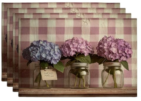 Set di 4 tovagliette all'americana con ortensia primaverile, motivo a quadretti viola e blu, per tavolo da pranzo, antiscivolo, lavabili, per interni ed esterni, per feste