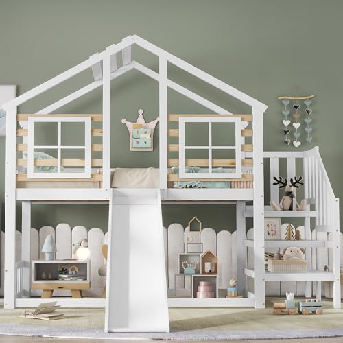 Seyakany Lit superposé Enfant 90x200 cm,lit Mezzanine 2 Places avec escalier et Rampe, avec Toboggan et fenêtre,lit cabane Enfants en rondins avec Protection antichute,Cadre en Bois Massif, Blanc