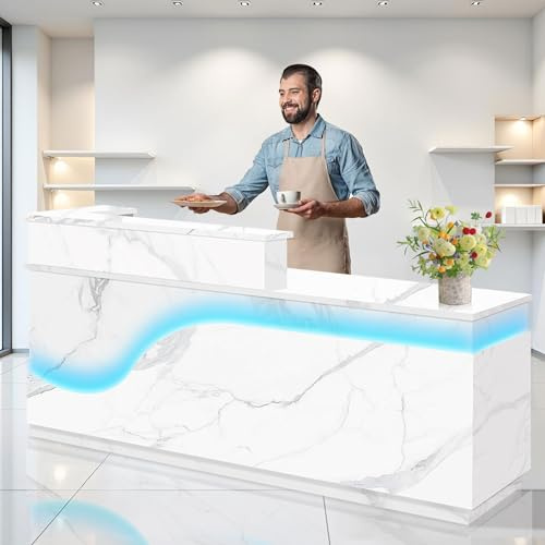 Reception Desk with Counter, Front Desk Receptionist Counter with Lockable Drawer & Cabinet & Keyboard Tray & Cable Grommet, Retail Checkout for Office, SOHO, Shop, Salon (Texture,70.9 inch-Right)