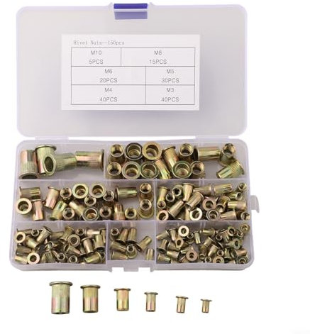 Rivet Nut Assortiment de 150 écrous en acier carbone Revêtement zinc Six tailles Résistant à la rouille Filetage plat Facile à monter avec boîte de rangement Pour meubles, bricolage, voiture