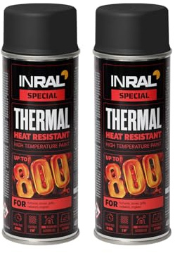 INRAL Hitzebeständiger Lack Schwarz –Auspufflack Schwarz Matt für Metalloberflächen - Langlebige, Hitzebeständige Farbe – 2 x 400 ml Schnell Trocknender Ofenlack Matt für Heimwerker