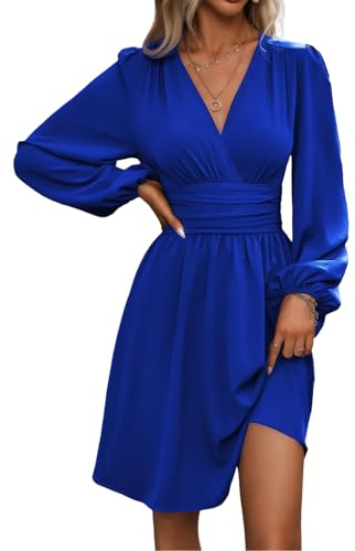 LIAMERHE Vestido Manga Larga Mujer Casual Vestidos Largos Cuello en V Elegante Vestido de Manga Farol Vestido línea A Otoño Invierno Azul XL