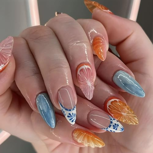 3D Citrus False Nails, Medium Almond Shape, Glossy Blue And Orange Tips | Raised Fruit Slices, Floral Linework, Nude Bases And Patterned Details, For Everyday Manicures And Casual Social Events