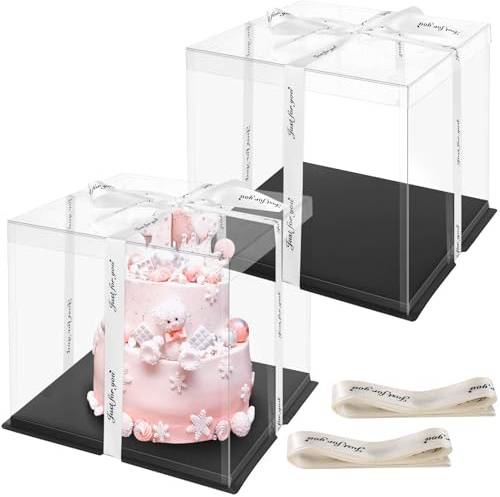 Ezvsevuo 2 Stück Tortenbox Transparente 30x30x25cm,Geschenkbox Durchsichtig für Kuchen,Tortenkarton Hoch,Tortentransportbox mit Schwarz Sockel und Band,Kuchenbox Tortenschachtel für Kuchen,Gebäck
