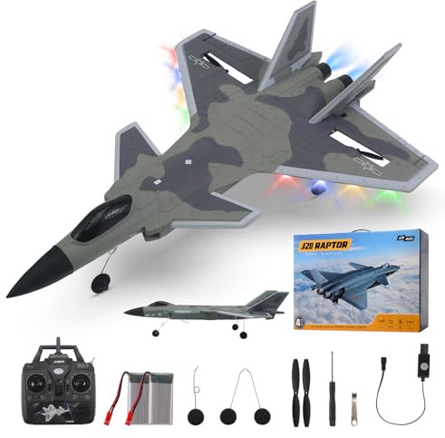 Jradse RC Flugzeug mit 4 Kanälen, 2,4GHz Fernsteuerung, 6-Achsen Gyro Stabilisator, LED Lichter, für Erwachsene, Kinder und Anfänger, Grau