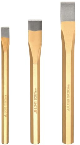 sourcing map 3pcs Cold Chisel 4/9+5/7+3/4 Wide 6.5+7+8 Long Alloy Steel High Hardness Heat Treated Heavy Duty Octagonal Shank Flat Cold Chisel for Cutting Rivets Steel Copper Bolts, Gold Gray