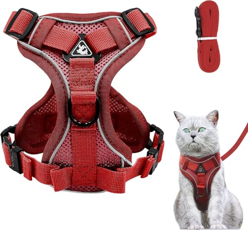 Verstellbares Katzengeschirr Ausbruchsicher, Katzengeschirr mit Leine Set, Softgeschirr für Katze Brustgeschirr für Katzen Kitten Hunde Welpen (red, L)