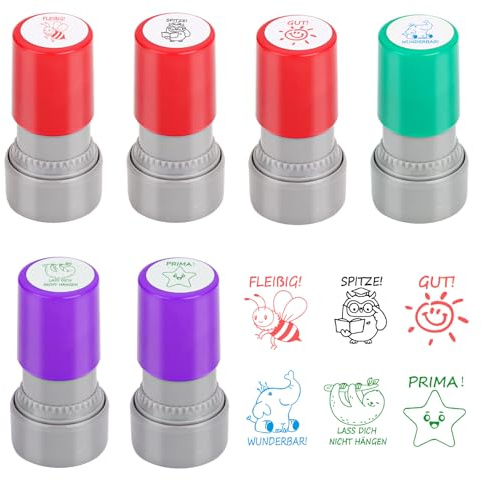 Lehrerstempel Set Selbstfärbend, 6 Stück Motivationsstempel für Schule & Grundschule, Belohnungsstempel für Kinder Hausaufgaben, Lustige Stempel Smileys Lehrer Feedback Bewertung