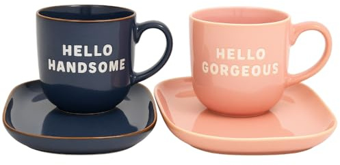 HTUK Hello Handsome & Hello Gorgeous Snack Set – Bundle of 2 | Blue & Pink Bone China Mug and Snack Tray Set | Large Coffee & Tea Cup with Plate | Couples Gift for Home & Kitchen