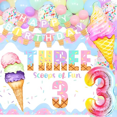 JeVenis Three is So Sweet Birthday Balloons 3rd Birthday Decoration | Three Scoops of Fun Birthday Decorations Three is So Sweet Birthday Balloons Backdrop for Summer Ice Cream Theme