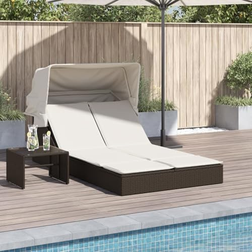 WGYHOME Dubbel solstol med justerbart ryggstöd och utdragbart soltak – brun, PE-rotting, 236 x 108 cm – för trädgård, terrass, poolområde