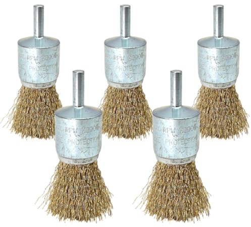 HERO Pinselbürste Drahtbürste Set 5-tlg. Rundbürste 25mm Felgenbürste / Ø 6mm Schaft - Professional Drahtbürstenaufsatz vermessingter gewellter Stahldraht – Stahlbürste für Bohrmaschine/Akkuschrauber