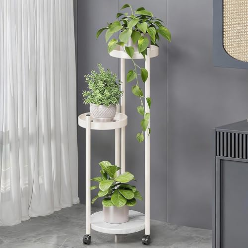 WATAOW Supporto Mobile in Metallo con Ruote Girevoli A 360°, Fioriera Portavasi A 3 Livelli per Piante Multiple da Interno, Espositore Esterni Giardino Balcone(Bianco)