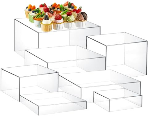 HEYOUTH Set di 7 rialzi grandi per buffet (15-30 cm) in acrilico – Scatole espositive quadrate con fondo cavo per tavoli di dessert, presentazione di alimenti e forniture per catering (Clear)