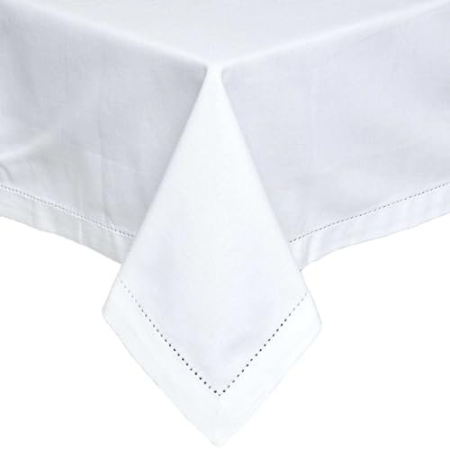 HOMESCAPES White Table Cloth, Plain Cotton Tablecloth, Large Rectangular, Handcrafted & Durable Dining Table Cover with Hem Stitch, Hypoallergenic, Washable, 137 x 228cm