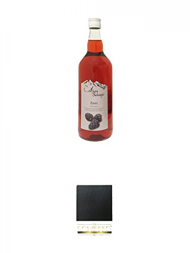 Alpenschnaps Zirbe Zirbenliqueur 1,0 Liter + Schiefer Glasuntersetzer eckig ca. 9,5 cm Durchmesser