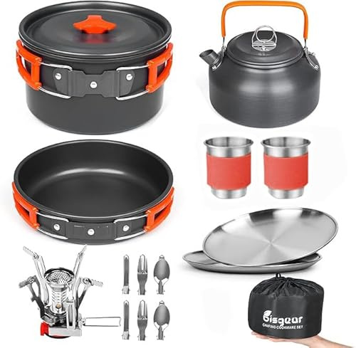 bisgear Camping Kochgeschirr Set - Portable Leichte Outdoor Kochset Kochtopf Pan Set 0.8L Teekessel Tassen 18/8 Edelstahl Teller Faltbare Besteck Tragbar Aluminium Topf für 2 Persone