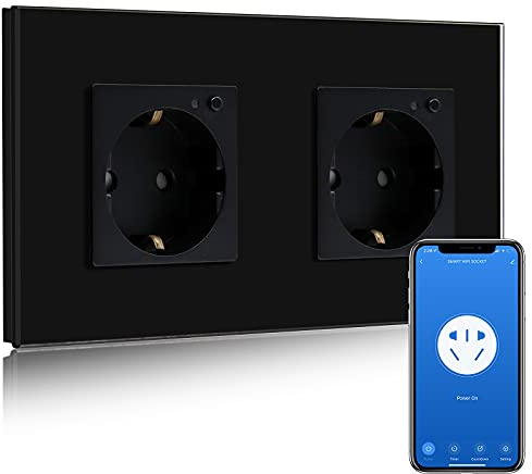 BSEED Enchufe Doble de Pared WiFi,Schuko Enchufe inteligente Compatible con Alexa y Google Home,Control de APP y Función de Temporizador,protección de contacto,16A Negro