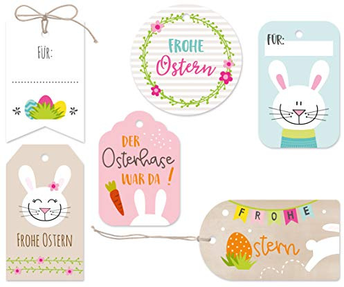 KuschelICH 12 Geschenkanhänger für Ostern - Komplett-Set mit Befestigungsschnur aus Leinen
