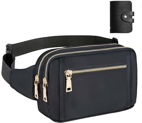 Bauchtasche Gürteltasche Damen und Herren, Stylische Hüfttasche für Festival mit Verstellbare Gürtel mit Mehreren Tasche, Schwarz Hip Bum Bag Waist Fanny Pack für Joggen Sport Hundespaziergang