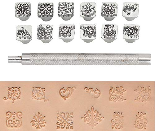 12 Stück Leder Stempel Leder Prägestempel Set Leder Punzieren Leather Carving Craft DIY Punch Embossing Beveler Tools Kit für Heimwerker, Lederhandwerk, Drucken