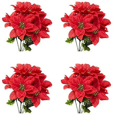 HLTER Künstliche Weihnachtssternsträucher, 7 Köpfe, künstliche Weihnachtssternsträuße, Seidenstoff, Weihnachtsstern, Sträucher, Pflanzen für Innen- und Außenbereich, 4 Stück