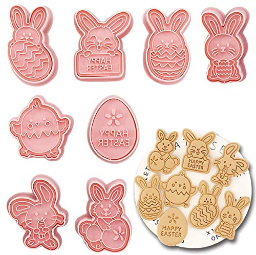 Flyftrey Ausstechförmchen Ostern, 8 Stück Oster Ausstecher Set, Plätzchen Ausstecher Kinder, 3D Ostern Cookie Cutter Set für DIY Hase Küken Ei Backen Fondant Sandwich Schokoladen Tortendeko