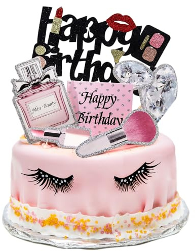 Kukifun Makeup Cake Topper 22 Pcs, Glitter Cosmetics Birthday Decorations | Makeup Cake Decorations with Lipstick, Perfume, Brush, Eyelash, Diamond for Girls Birthday, Bridal Shower, Salon, Spa Party