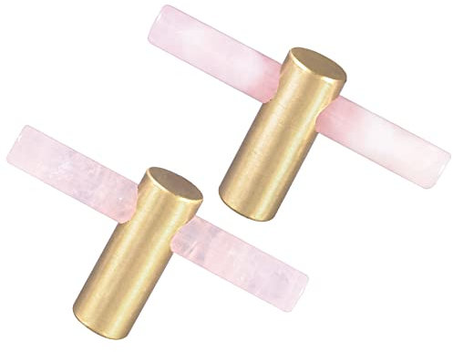 Nupuyai 2pcs Rose Quartz Crystal Stone Drawer Knobs and Pulls, Cylinder Wand Healing Stone Cabinet Knobs Brass Handles for Dresser Kitchen Decor
