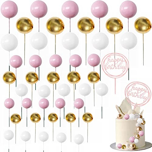 Kiwochy 46 Stück Tortendeko Hochzeit Goldene Kugeln Happy Birthday Cake Topper Kuchen Dekoration Kugel DIY Tortendeko Hochzeit Cupcake Topper Kuchendekorationen