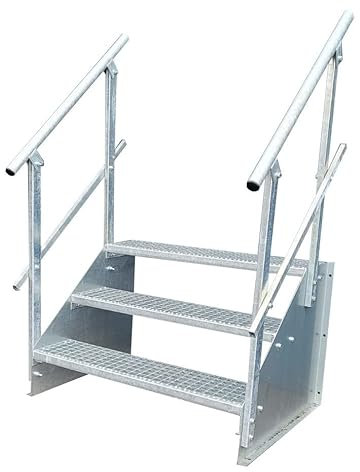 3 Stufen Standtreppe Stahltreppe freistehend Breite 130cm Höhe 63cm verzinkt beidseitiges Geländer