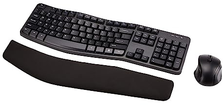 Amazon Basics Ergonomic Wireless Keyboard and Mouse Combo with Wrist Rest, Plug and Play, 2.4 GHz USB, Easy to Use, Black