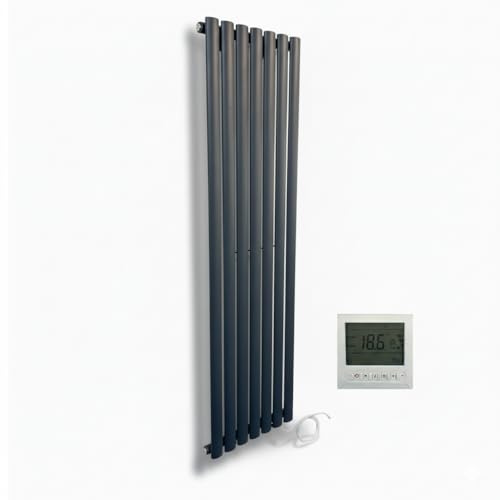 Greened House Electric Anthracite Oval Tube Radiator Vertical 1600 x 420 | Includes 7 Day Timer/Thermostat, Single Panel, Tall, Column Radiator, 900w, Designer