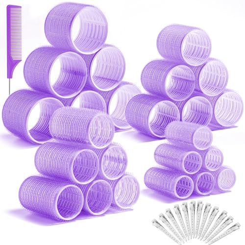 Selizo 4 Größe Lockenwickler Groß Locken,48 Stücke Jumbo Groß Kleine Lockenwickler Set Selbsthaftend Hair Rollers 63 mm 44mm 35mm 25mm Haarwickler mit klammern für lange mittlere klein Haare