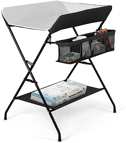 Homewell Baby Wickelkombi Wickelkommode, Wickeltisch Klappbar mit Feste Fußpolster, Wickelauflage, Sicherheitsgurt, Höhenangabe und Ablagefächern, Stabil und Bequem (Schwarz, 96 cm)