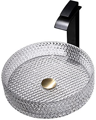 MUSUMI Badezimmer-Waschbecken, Kristall-Gehärtetes Glas-Waschbecken, künstlerische Arbeitsplatte, Waschtisch-Waschbecken mit Pop-Up-Ablauf und Wasserfall-Wasserhahn für Hotel (A)