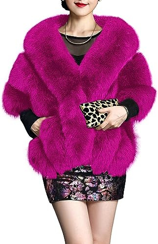 UMREN Women's Luxury Party Faux Fox Fur Long Shawl Cloak Cape for Winter Fuchsia A